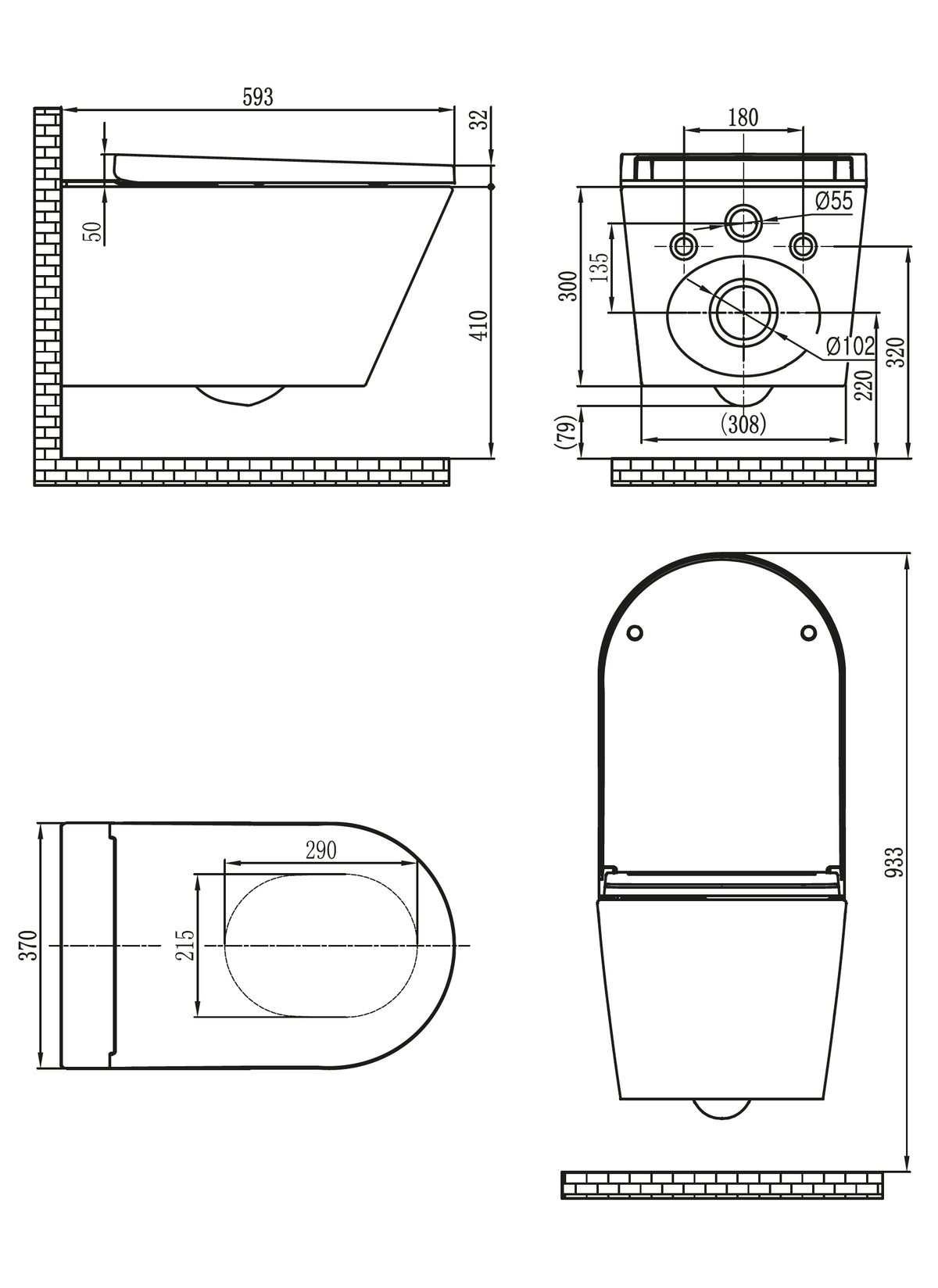Maattekening Vesta Eco douche-wc wandcloset rimless Glans wit