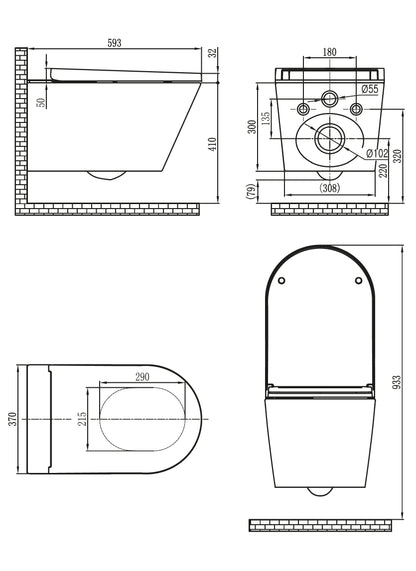 Maattekening Vesta Eco douche-wc wandcloset rimless Glans wit