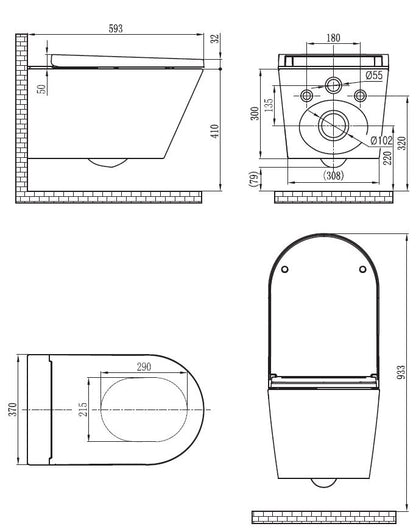 Maattekening Vesta douche-wc wandcloset rimless Glans wit