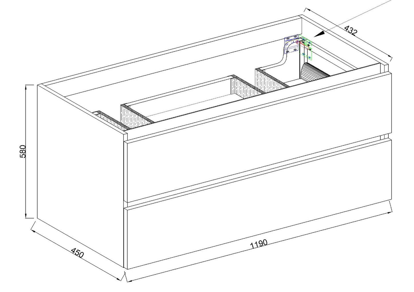 Marmaris onderkast met 2 laden 2 uitsparingen 120x45x58cm mat zwart - WDtegels