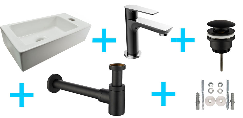 Fonteinset Rhea S mini met fontein rechts glans wit, Casma kraan, sifon en afvoerplug zwart/chroom - WDtegels