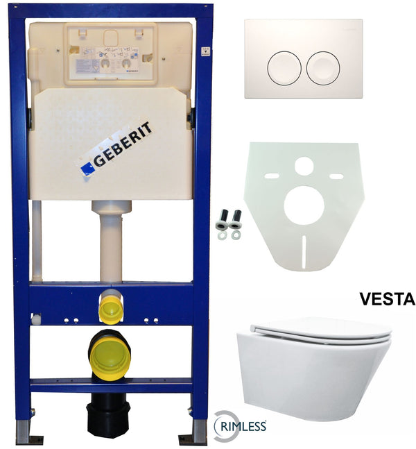 Inodoro Wiesbaden Geberit UP 100 Vesta Rimless + Asiento Flatline + Delta 21 blanco