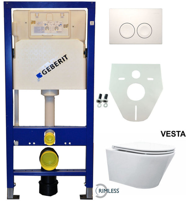 Geberit UP 100 Vesta Rimless toilet + Flatline seat + Delta 25 white