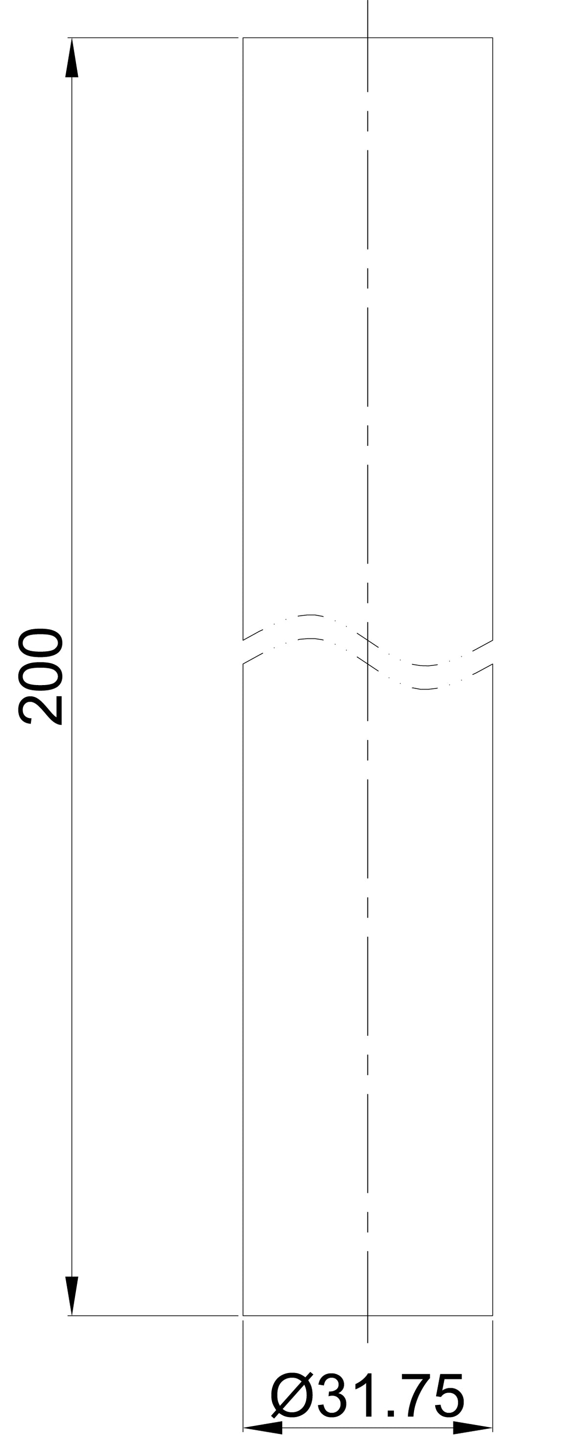 Lijntekening UniMatch muurbuis 32mm lengte 200mm chroom