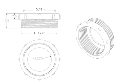 Lijntekening Verloopring 1 1/2 inch buiten x 5/4 inch binnen kunststof wit