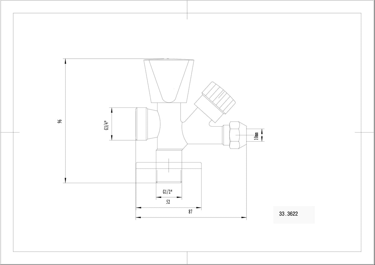 Lijntekening Combinatie kraantje 1/2 inch x 3/4 inch x 10mm chroom