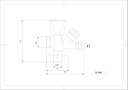 Lijntekening Combinatie kraantje 1/2 inch x 3/4 inch x 10mm chroom