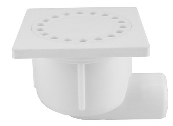 Shower drain with side outlet, plastic, 10 x 10 cm, white