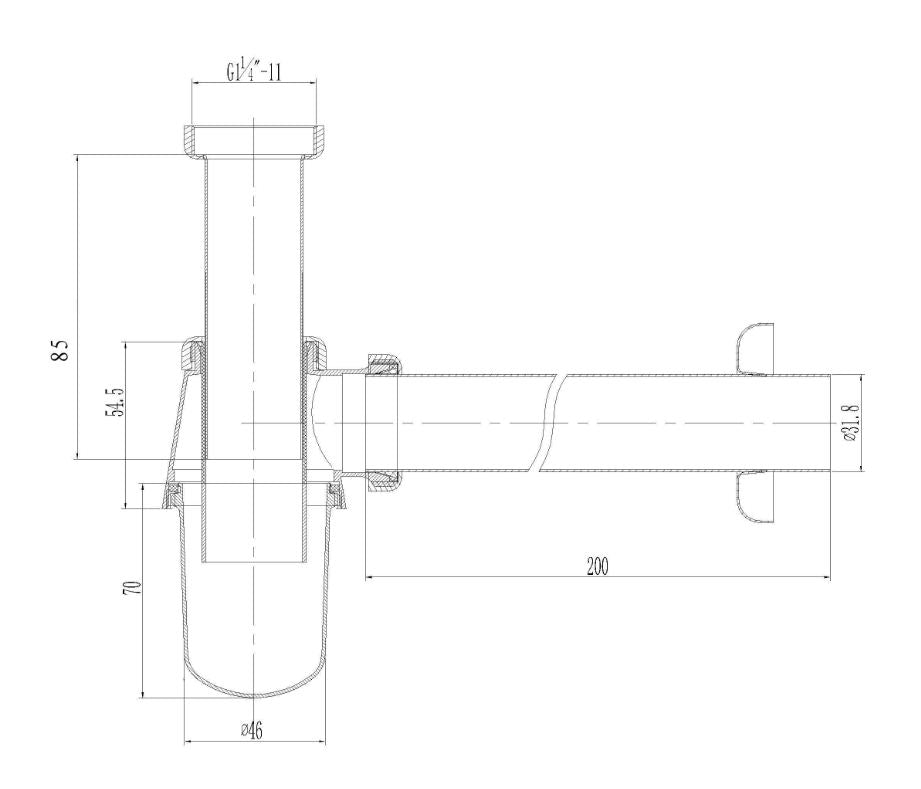 Lijntekening Bekersifon 5/4 inch x 32mm chroom