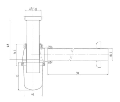 Lijntekening Bekersifon 5/4 inch x 32mm chroom