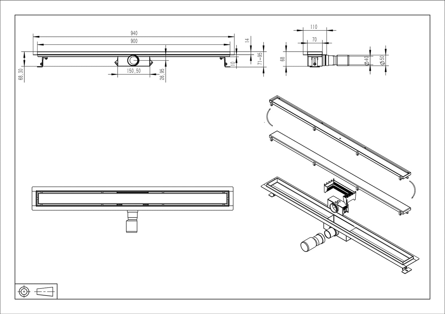 Wiesbaden stainless steel shower drain + flange with tile grid 90x7