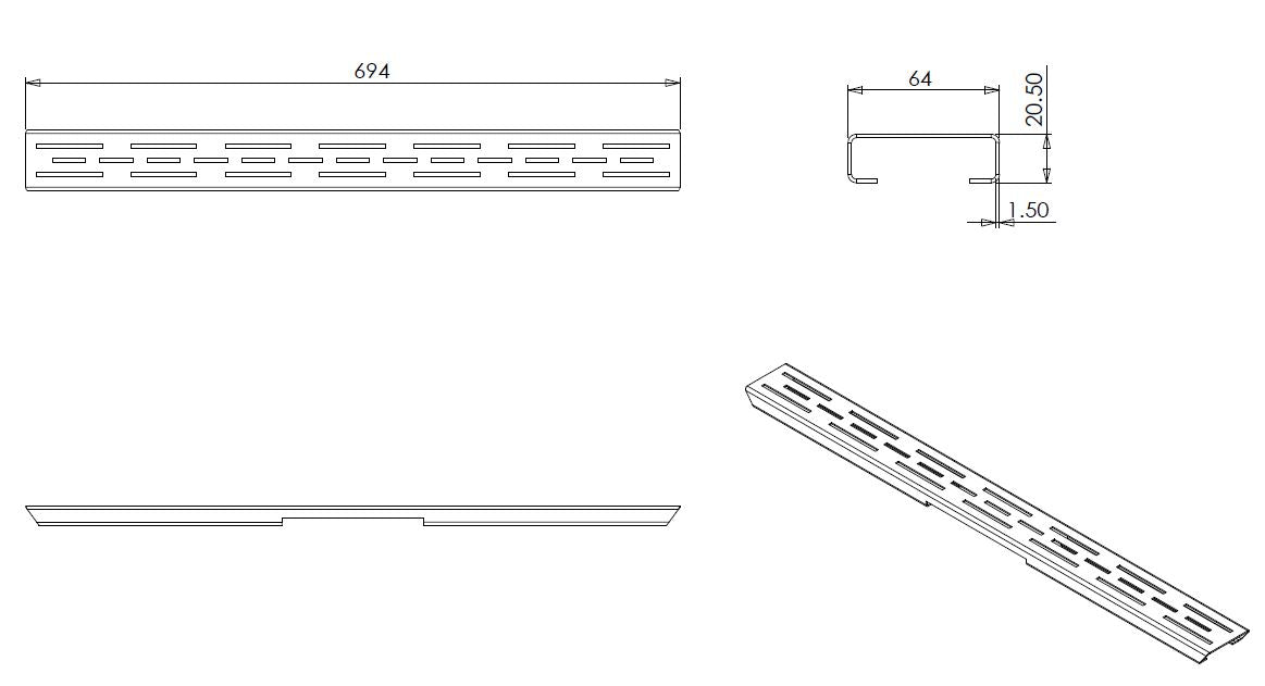 Rooster voor douchegoot met flens | 70x7cm | Mat zwart