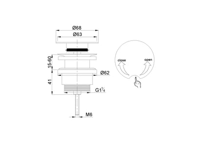 Lijntekening Flowe draaiwaste afvoerplug 5/4 inch mat zwart