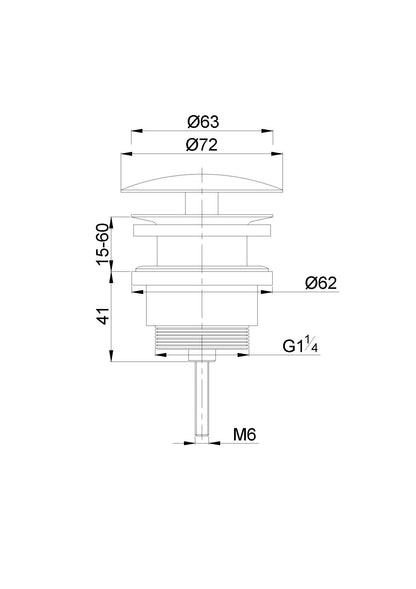 Lijntekening UniMatch open afvoerplug 5/4 inch geborsteld staal