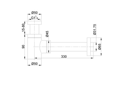 Lijntekening UniMatch fonteinsifon 5/4 inch x 32mm Mat zwart