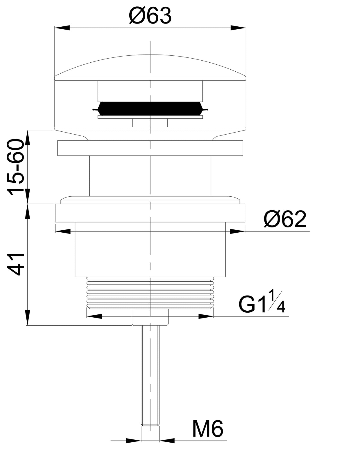 Lijntekening UniMatch clickwaste afvoerplug 5/4 inch mat wit