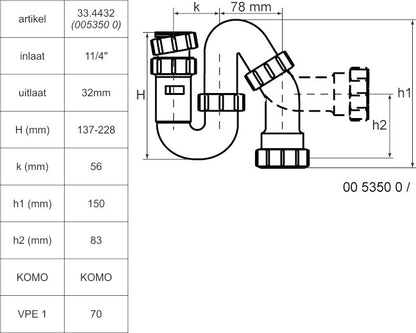 Lijntekening McAlpine 5350 uni-sifon 5/4 inchx32mm