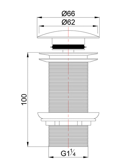 Lijntekening UniMatch clickwaste afvoerplug verlengd 5/4 inch geborsteld brons koper PVD