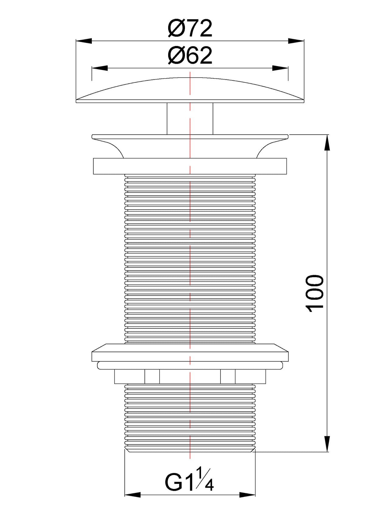 Lijntekening UniMatch open afvoerplug verlengd 5/4 inch mat zwart