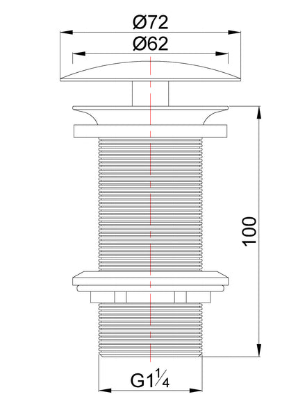 Lijntekening UniMatch open afvoerplug verlengd 5/4 inch geborsteld messing PVD