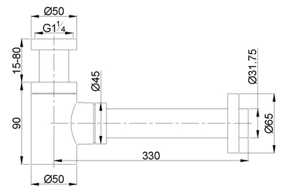 Lijntekening UniMatch fonteinsifon 5/4 inch x 32mm Gunmetal