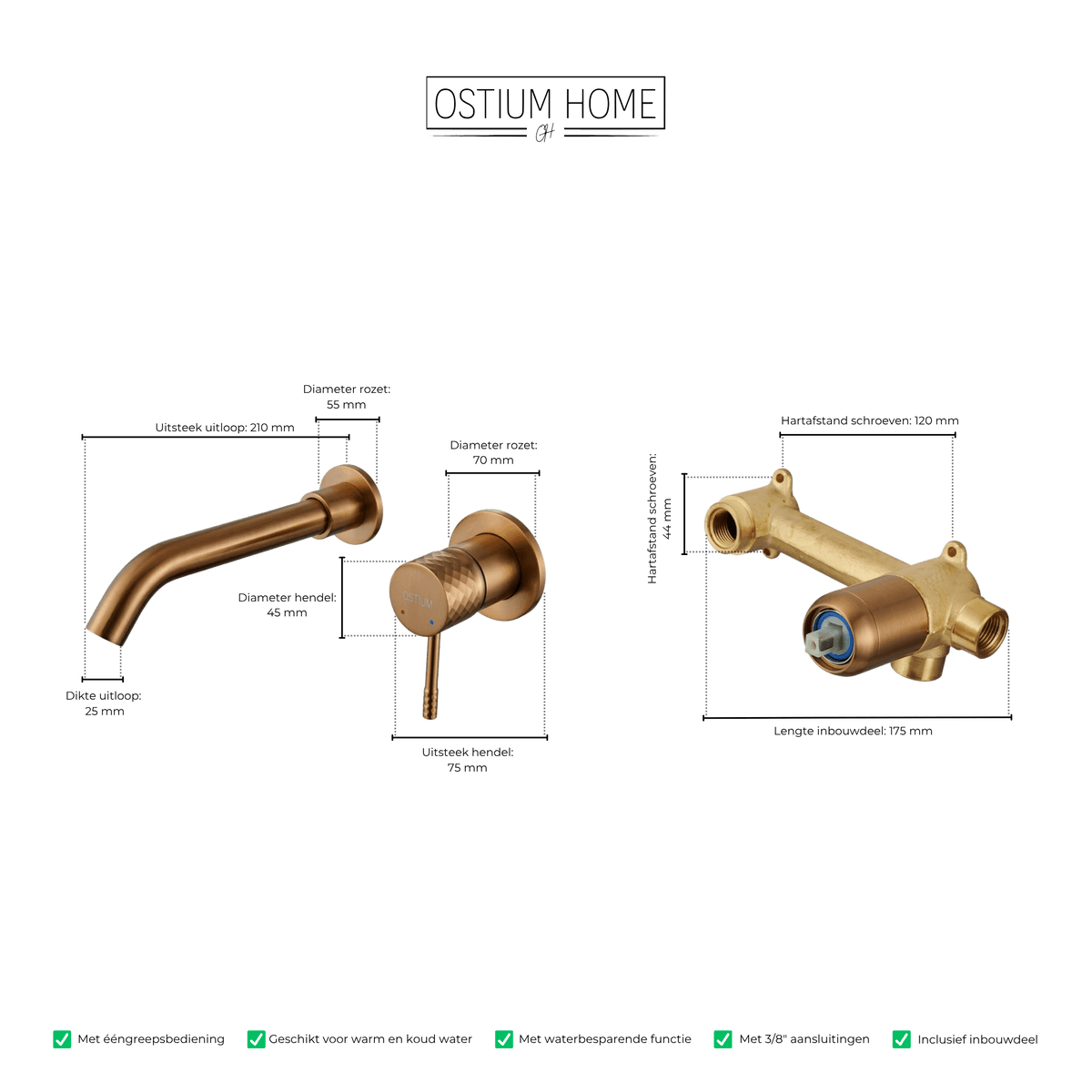 Maattekening van inbouw wastafelkraan Lunari in brons