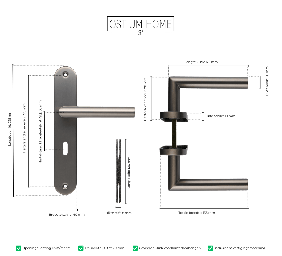 Maattekening van deurklink Torino in gun metal met sleutelgat 56 mm