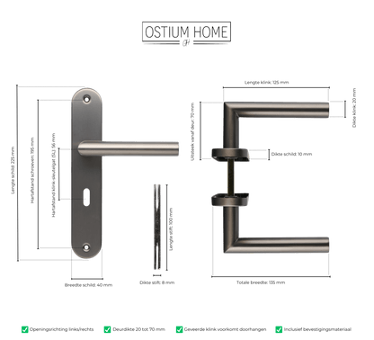 Maattekening van deurklink Torino in gun metal met sleutelgat 56 mm