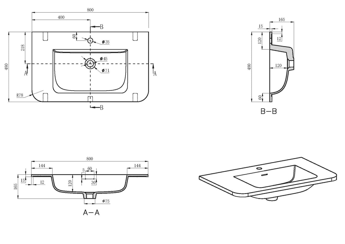 Lijntekening Laro meubelwastafel 80 x 48 x 1,5 cm solid surface mat wit