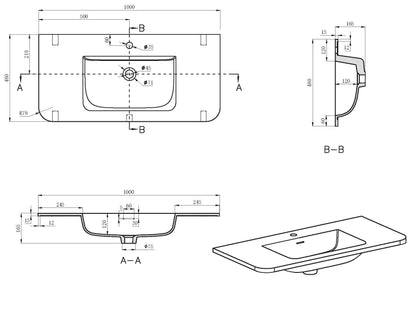 Lijntekening Laro meubelwastafel 100 x 48 x 1,5 cm solid surface mat wit