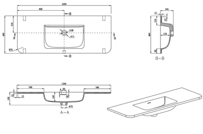 Lijntekening Laro meubelwastafel 120 x 48 x 1,5 cm solid surface mat wit