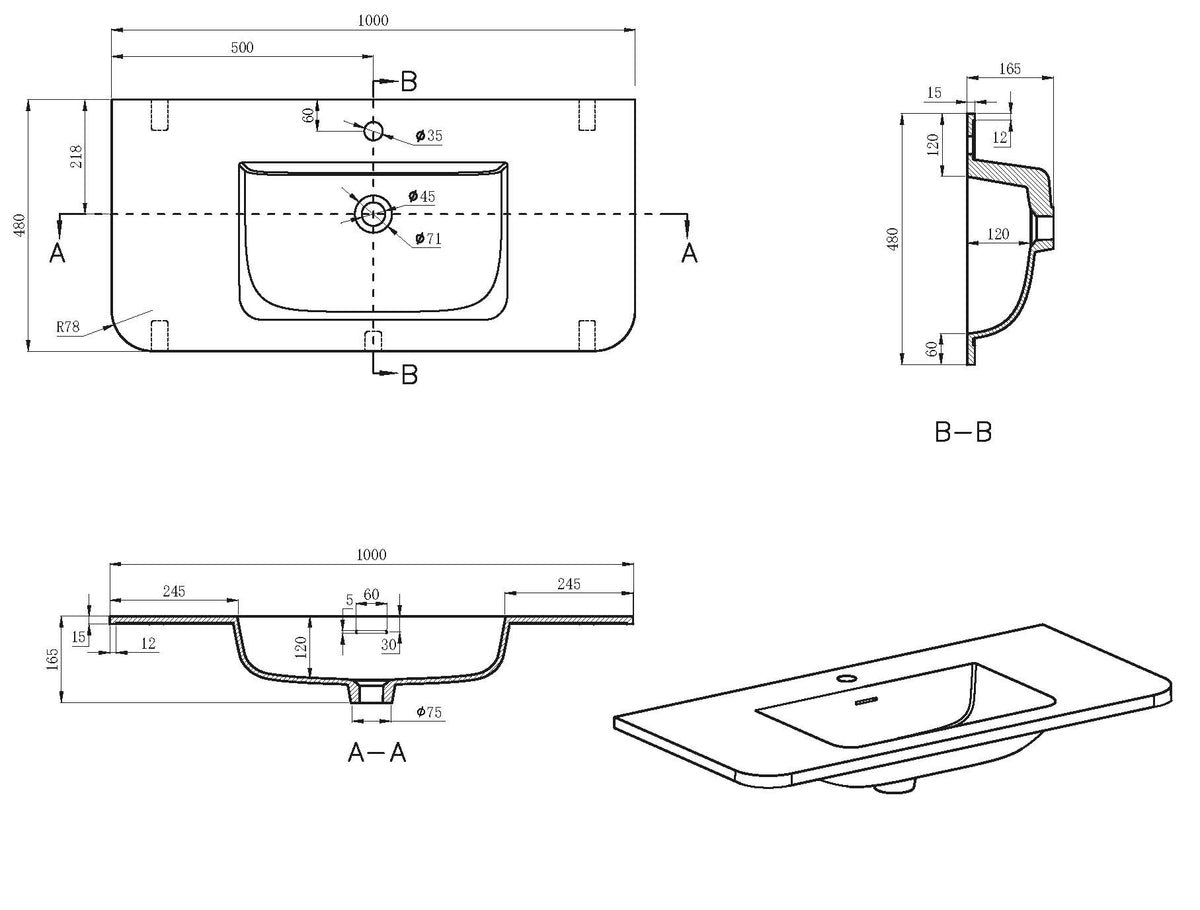 Lijntekening Laro meubelwastafel 100 x 48 x 1,5 cm solid surface beige