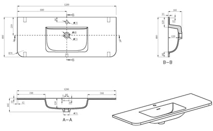 Lijntekening Laro meubelwastafel 120 x 48 x 1,5 cm solid surface beige