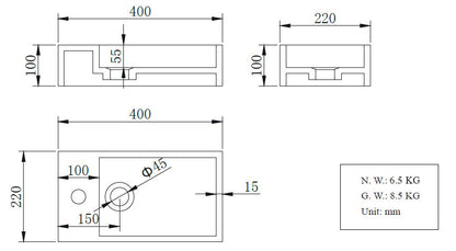 Wiesbaden Solid Surface fontein rechts 400x220x100 - WDtegels