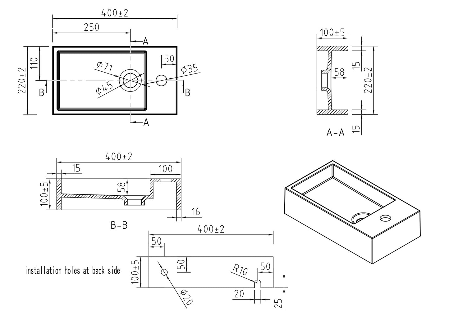 Fuente Lotte derecha 40 x 22 x 10 cm superficie sólida blanco mate