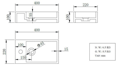 Wiesbaden Solid Surface fontein links 400x220x100 - WDtegels