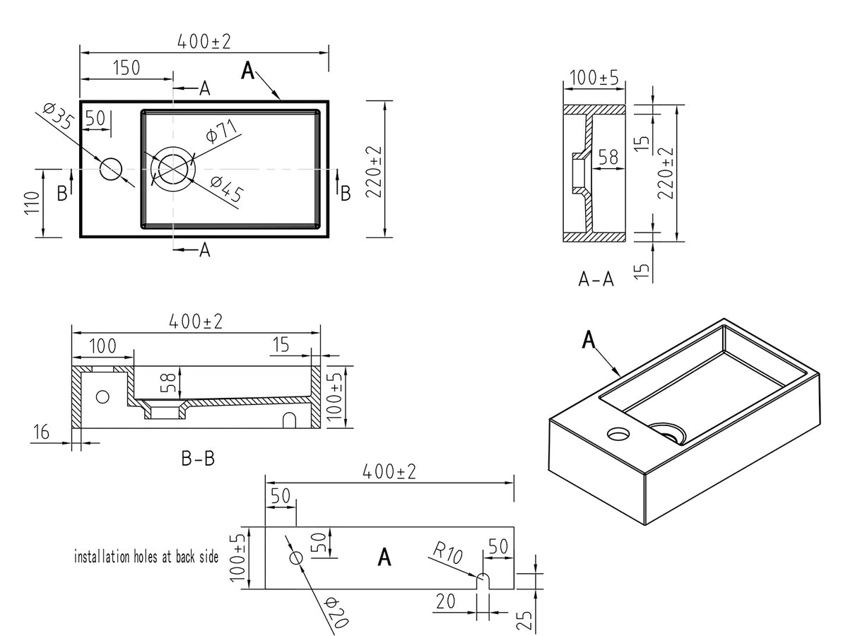 Lijntekening Lotte fontein links 40 x 22 x 10 cm solid surface mat zwart