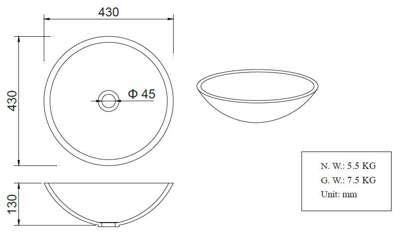 Wiesbaden Valerie waskom rond 43x13 cm solid surface betonlook - WDtegels