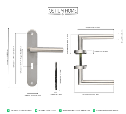 Maattekening van deurklink Volano in RVS met sleutelgat 56 mm