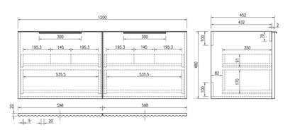 Ribbella onderkast 120x45x48cm met 2 laden 2 uitsparingen - naturel eik - WDtegels