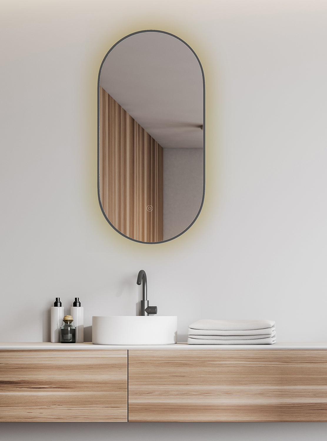 Nomi spiegel met lijst ovaal met LED, dimbaar en spiegelverwarming 50 x 100 cm gunmetal