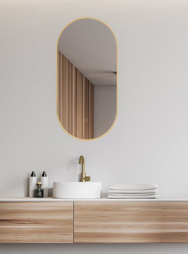 Nomi spiegel 50 x 100 cm met lijst ovaal met LED, dimbaar en spiegelverwarming goud