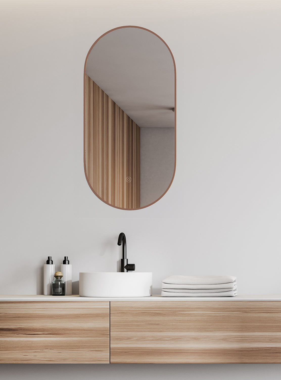 Nomi spiegel met lijst ovaal met LED, dimbaar en spiegelverwarming 50 x 100 cm geborsteld brons koper