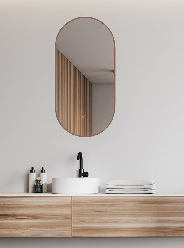 Nomi spiegel 50 x 100 cm met lijst ovaal met LED, dimbaar en spiegelverwarming geborsteld brons koper