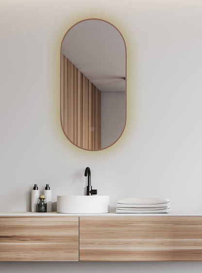 Nomi spiegel met lijst ovaal met LED, dimbaar en spiegelverwarming 50 x 100 cm geborsteld brons koper