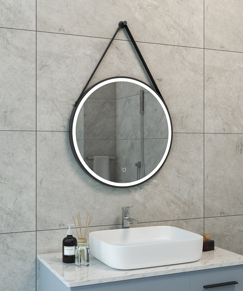 Cinto spiegel rond met band, LED, dimbaar en spiegelverwarming 60 cm mat zwart - WDtegels