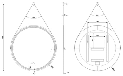 Cinto spiegel 60 cm rond met band, LED, dimbaar en spiegelverwarming mat zwart - WDtegels