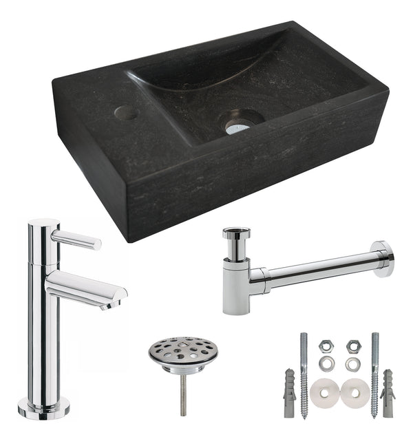 Wiesbaden Fuentes de lavabo de piedra dura izquierda | 40x22x10cm | Negro