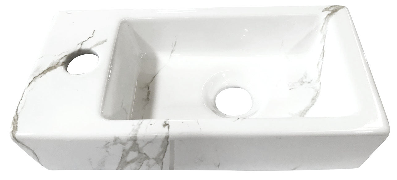 Fonteinset Rhea S mini met fontein links carrara, kraan, sifon en afvoerplug geborsteld messing - WDtegels