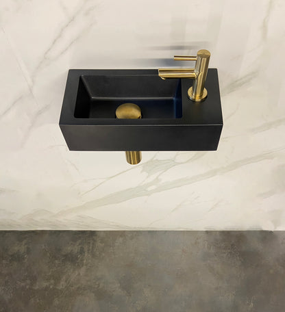 Fonteinset Rhea S mini met fontein rechts quartz, kraan, sifon en afvoerplug geborsteld messing - WDtegels